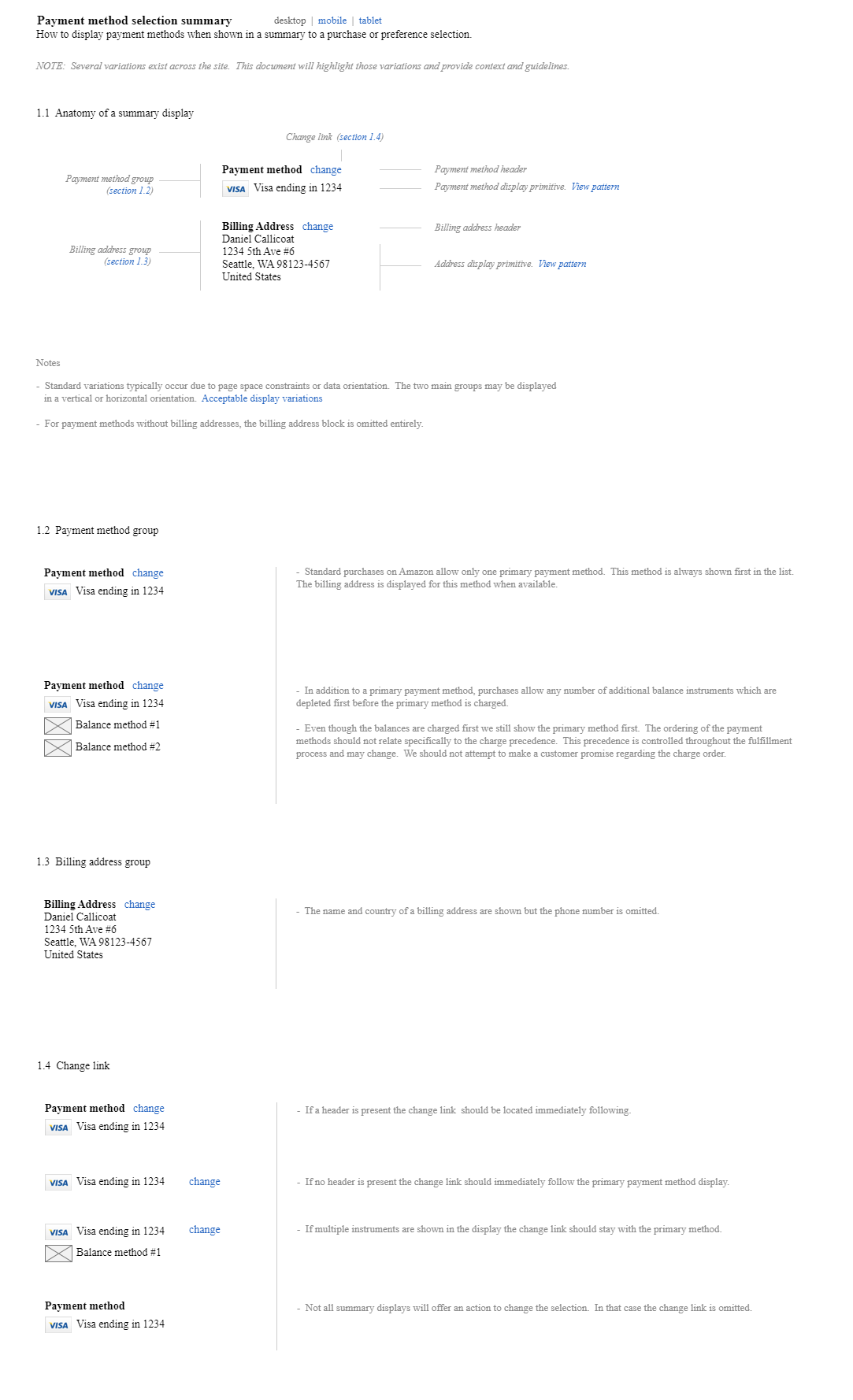 Pattern documentation of the payment summary display