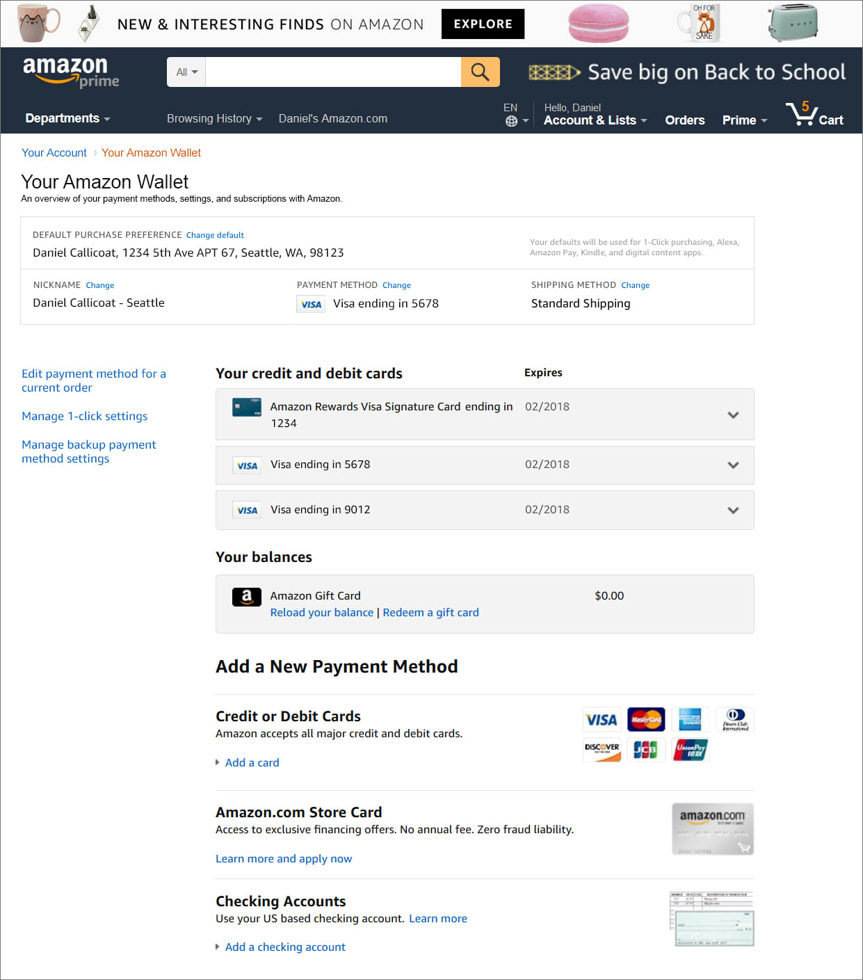 Amazon Wallet page built fully from APX widgets
