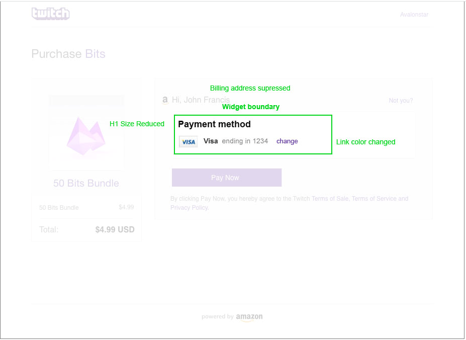 Twitch purchase summary with widget outline and styling comments