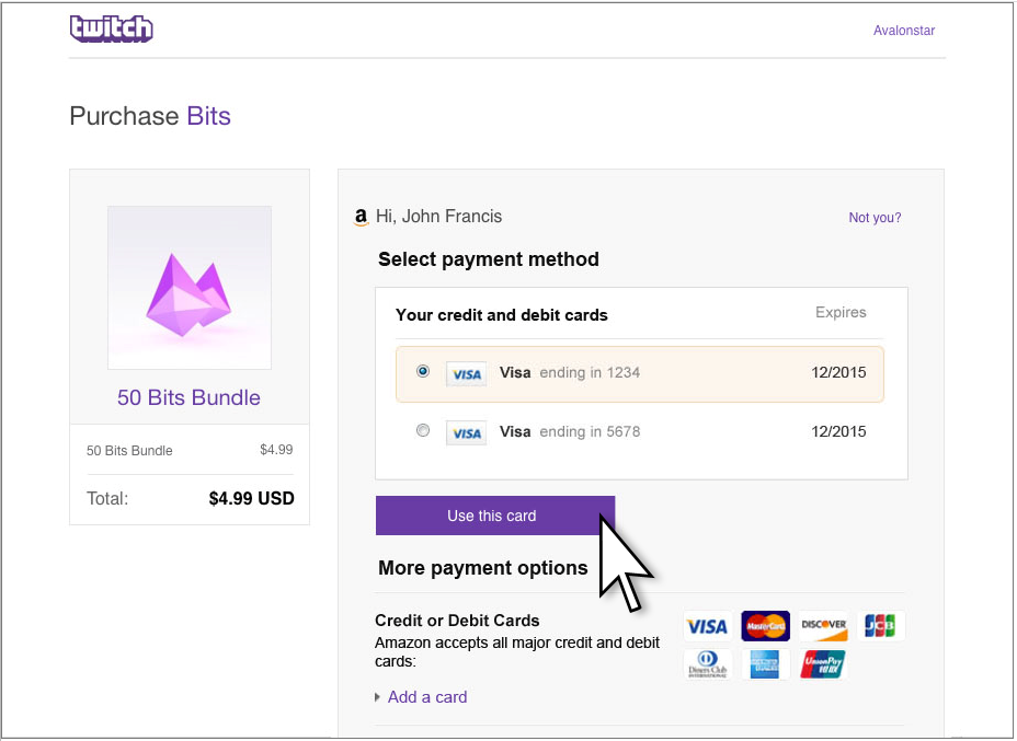 Twitch payment instrument selection using APX