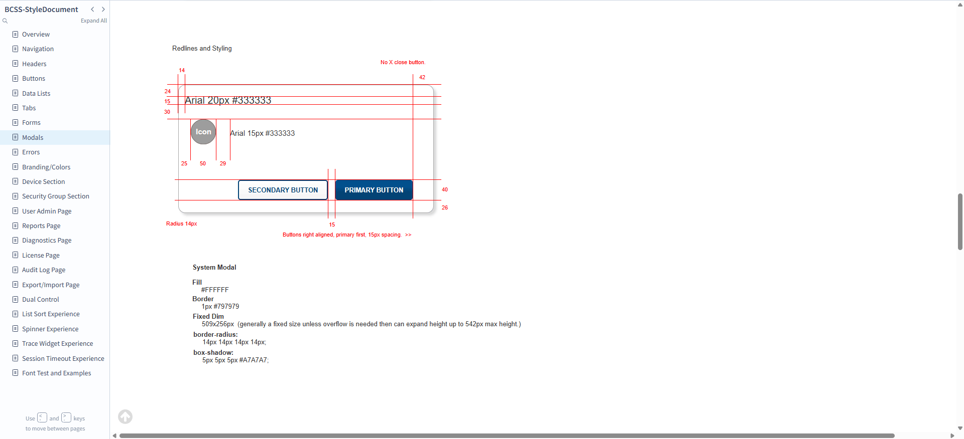 System modal redlines and styling