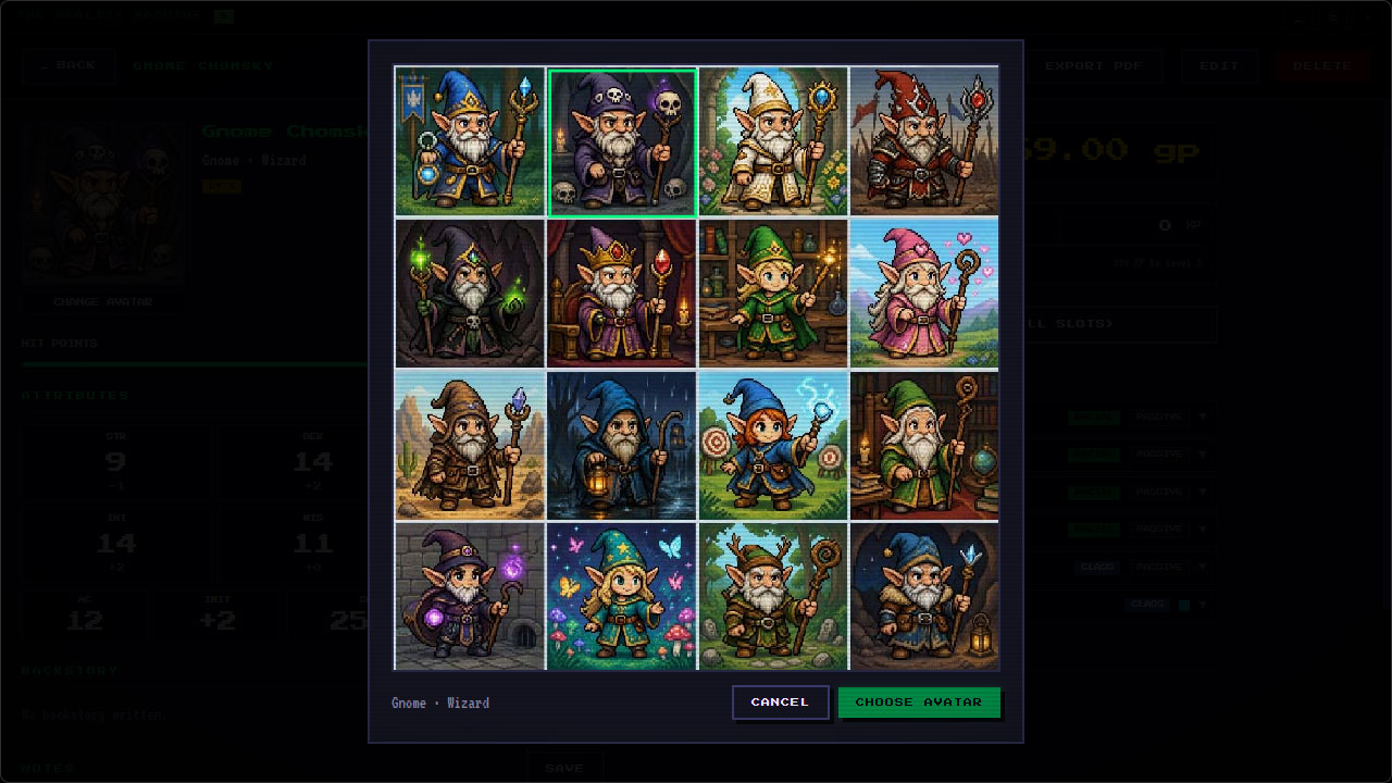 Avatar selection: Gnome Wizard